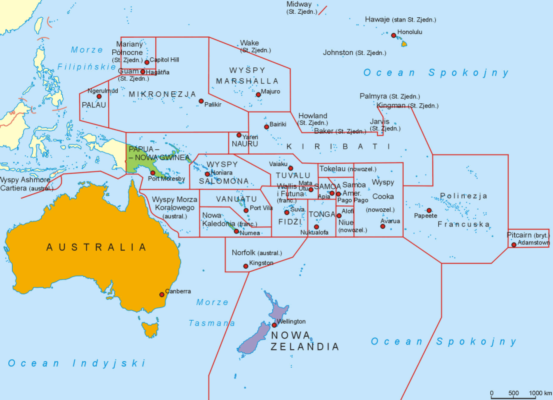 Australia podział administracyjny oraz mapa polityczna Oceanii z zaznaczonymi granicami państw i terytoriów