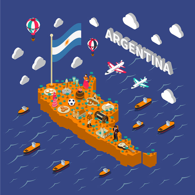 Argentyna piłka nożna i tradycyjne symbole kulturowe przedstawione na kolorowej mapie kraju