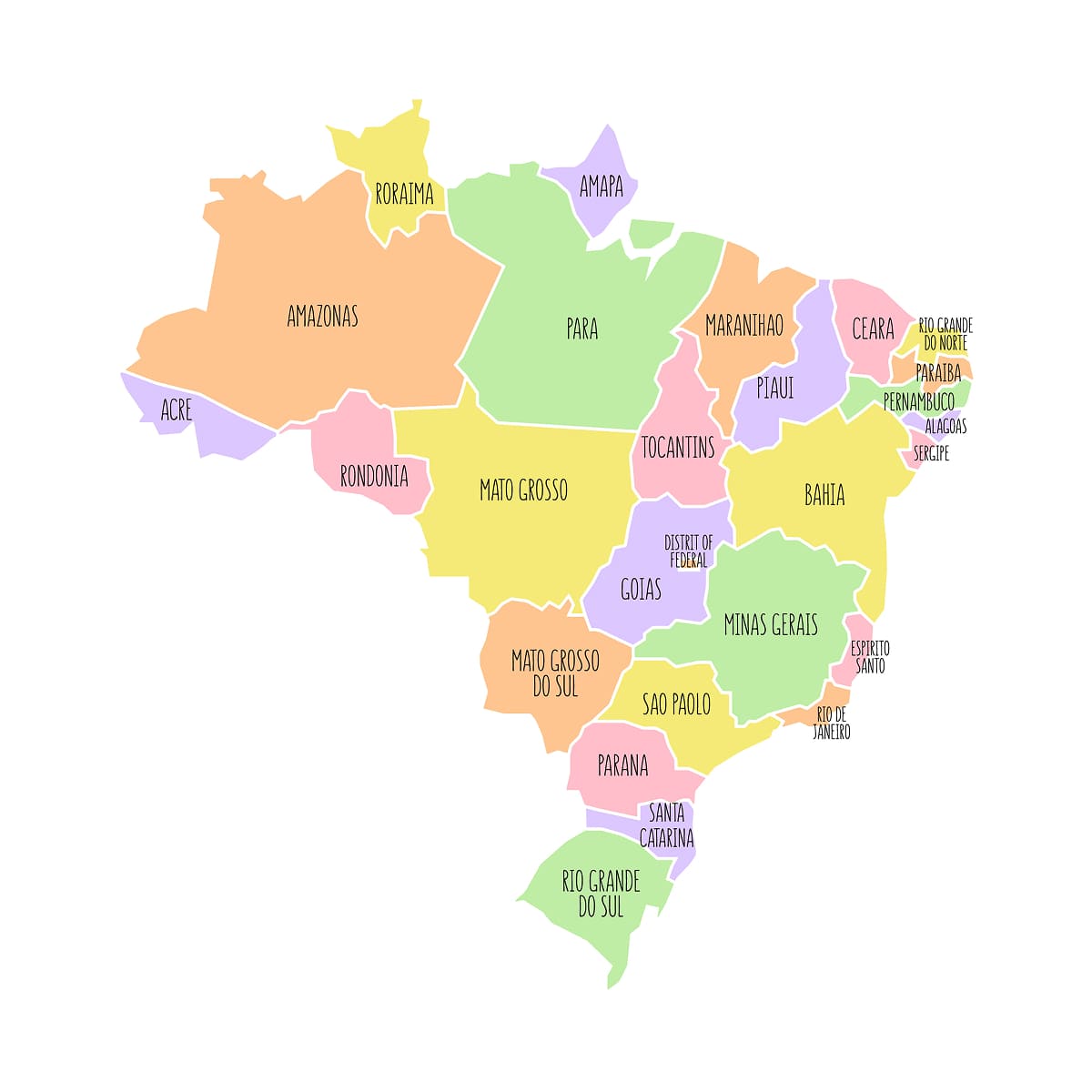 Mapa pokazująca Brazylia podział administracyjny oraz rozmieszczenie regionów i stanów