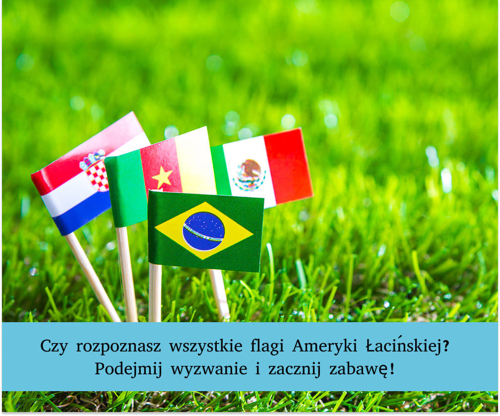 Flagi Ameryki Południowej ustawione na tle zielonej trawy, przedstawiające kolorowe symbole narodowe różnych państw kontynentu.