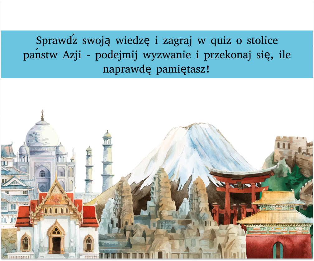 Państwa Azji i stolice przedstawione poprzez charakterystyczne atrakcje turystyczne regionu