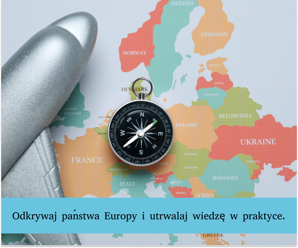 Interaktywna mapa pokazująca kraje Europy w formie gry edukacyjnej