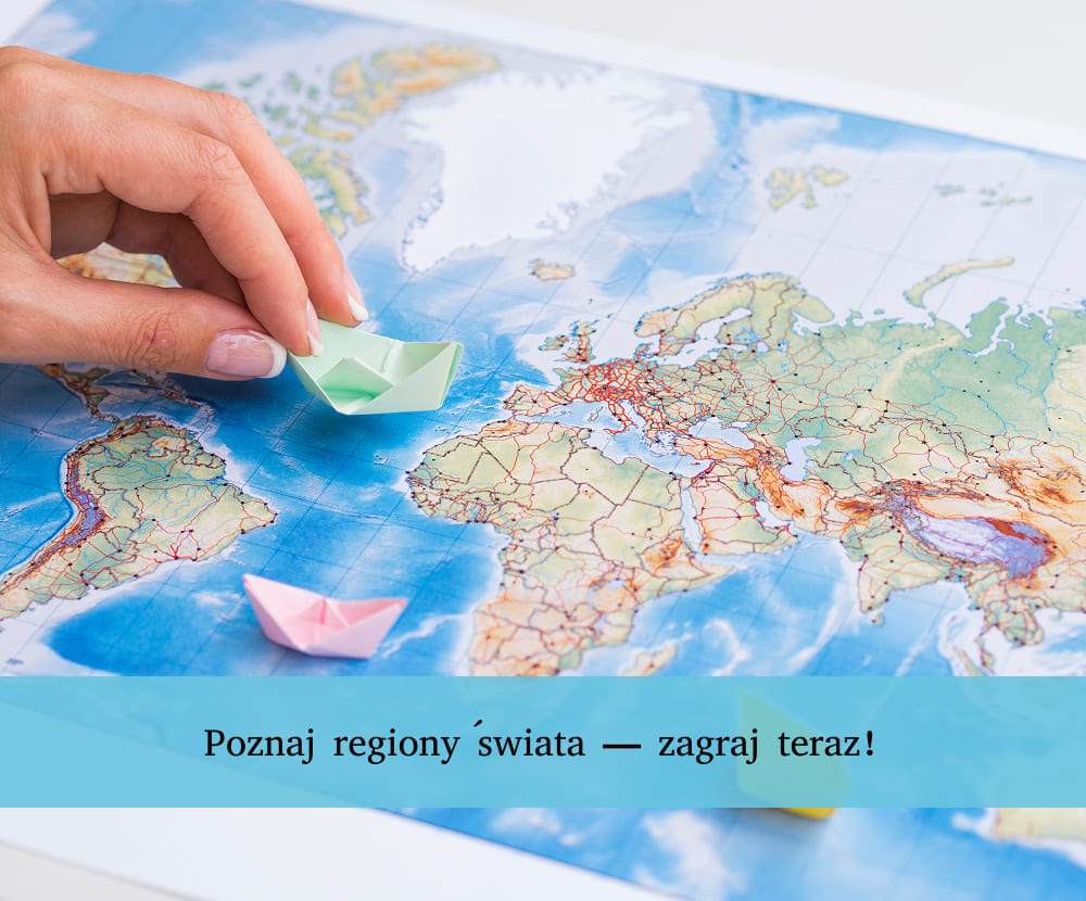 Mapa świata z regionami używana w interaktywnym quizie geograficznym