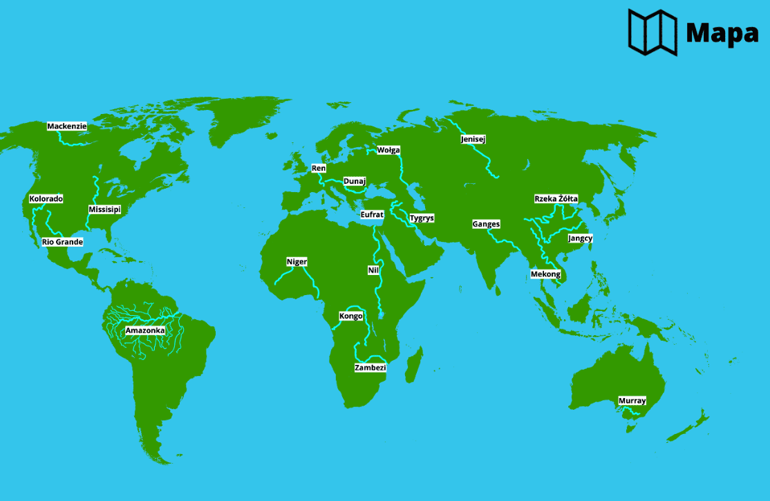 Mapa rzeki świata z zaznaczonymi głównymi ciekami wodnymi na wszystkich kontynentach